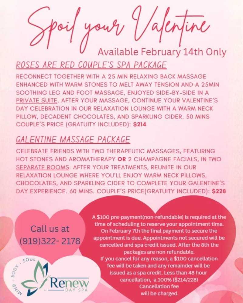 Valentine's spa packages: couples and galentine massages with rose petals, chocolates, champagne.