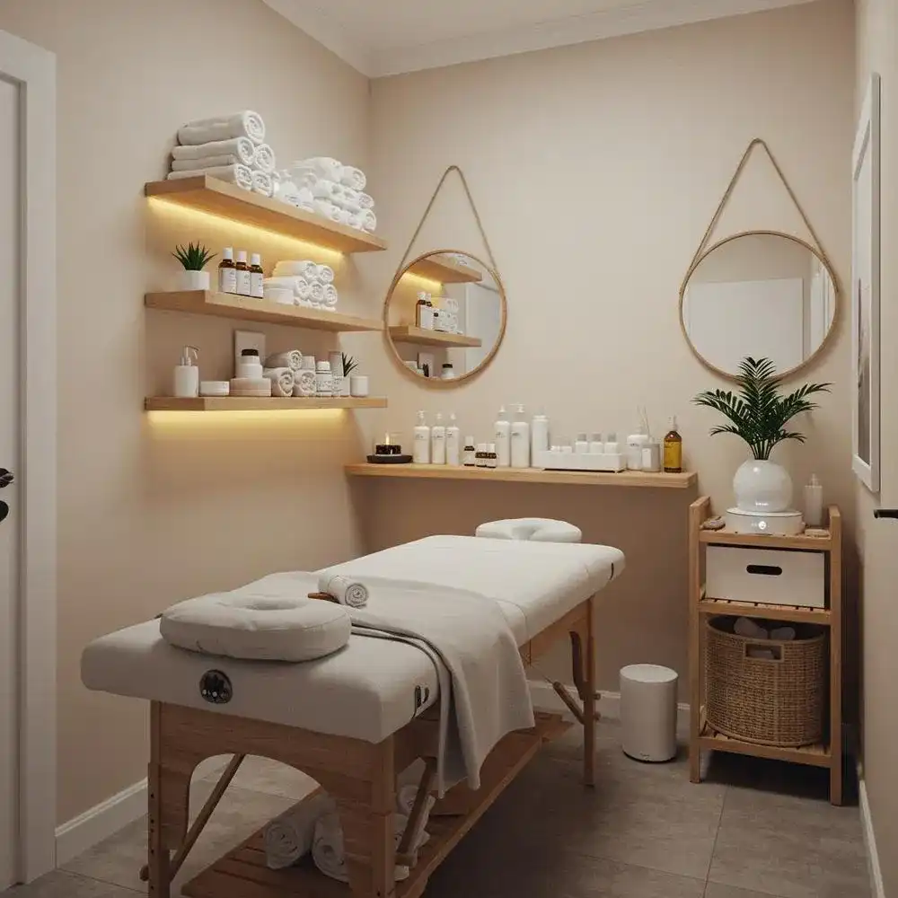 Cozy spa room with massage table, shelves with towels, mirrors, and ambient lighting.